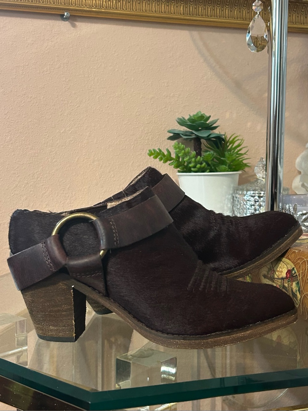 Lucchese Dark Burgundy Leather & Pony Hair Heeled Mules Size 7.5